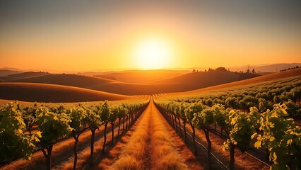 A picturesque vineyard bathed in golden sunlight, portraying tranquility and natural harmony.
