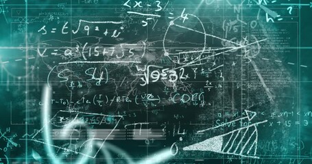 The image depicts mathematical formulae moving and flickering on a blue chalkboard background - Powered by Adobe