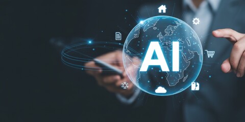 AI Technology for Global Impact: A conceptual image showcases a person interacting with a digital interface that embodies AI technology, set against the backdrop of the globe.