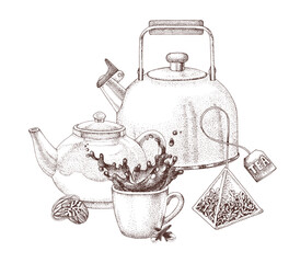 Tea cup, pots, tea bags and spices vector