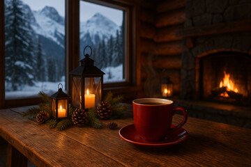 Cozy winter cabin interior with a steaming coffee cup, glowing lanterns and fireplace, overlooking snowy mountains, creating warmth, comfort and peaceful seasonal atmosphere.