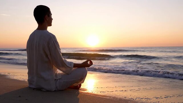 Man Meditating on Beach at Sunset with Peaceful Expression