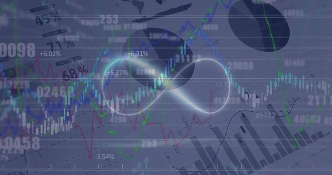 Animation of neon infinity shape over financial and statistical data processing on grey background