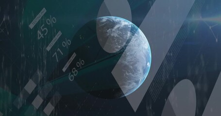 Animation of statistical data processing and screens of network of connections against globe - Powered by Adobe