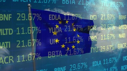 Animation of stock market data processing over waving eu flag against globe and blue sky - Powered by Adobe