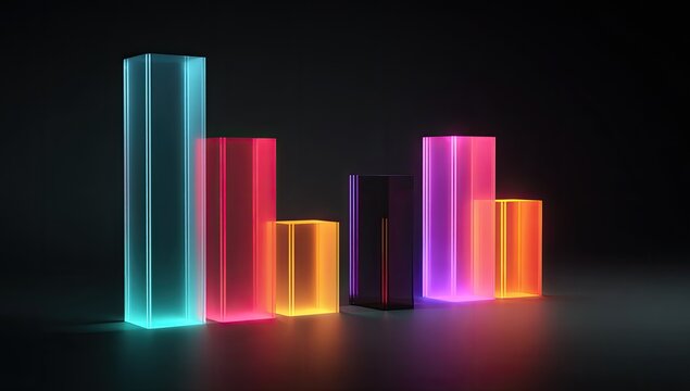 Colorful glowing glass bar graph elements stand tall on a reflective dark surface - Powered by Adobe