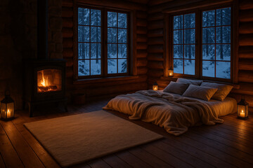 Fototapeta premium A cozy wooden cabin bedroom with soft candlelight and snow visible through the windows, creating a peaceful winter retreat atmosphere of warmth and relaxation.