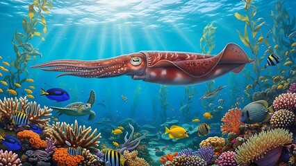 Underwater Scene Octopus Swimming Near