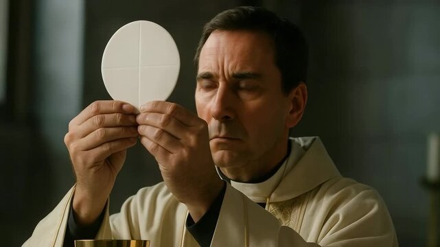 A Catholic priest holds up the communion host during mass. Close-up of a clergyman celebrating the Eucharist in a church. Religious faith and spiritual ceremony concept