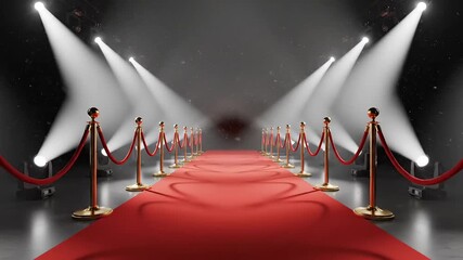 Luxurious red carpet entrance with golden stanchions and spotlights for celebrity events