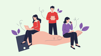 People interacting with technology and nature elements in a modern collaborative workspace illustration