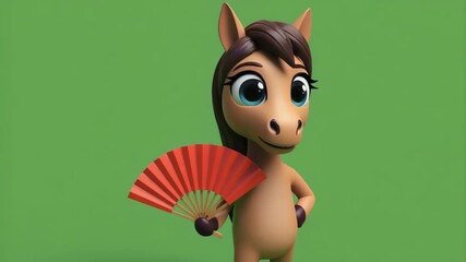 Adorable cartoon horse character holding a red fan on a green background.