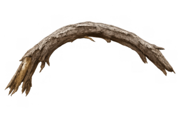 Curved dry tree branch with weathered bark, organic arc shape, and old wood texture on a transparent background