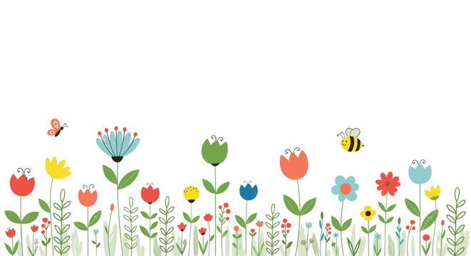 Playful border illustration featuring various colorful cartoon flowers, a small butterfly, and a busy honeybee on a white background.