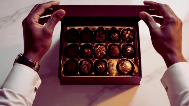 Luxury chocolate box opening, elegant hands revealing assorted gourmet truffles. Premium dark chocolate pralines in a gift box. Romantic dessert gift for Valentine's Day.