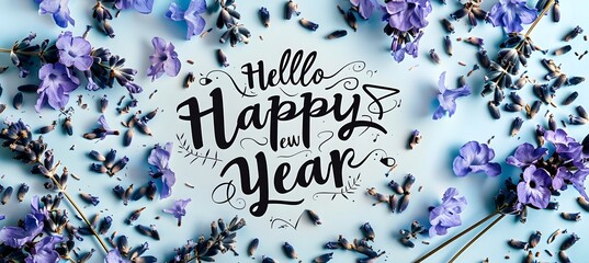 Hello happy new year calligraphy greeting design featuring scattered purple lavender flowers and dried buds surrounding elegant typography on a light blue background