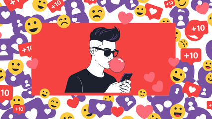 Fototapeta premium A man checking his phone surrounded by social media reactions and emojis