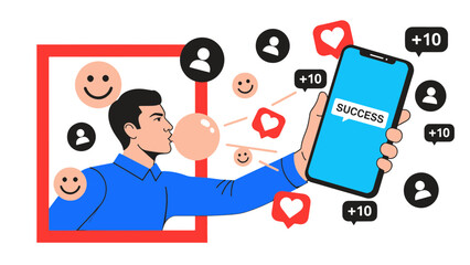 A man holding a mobile phone with success notification and social media engagement icons surrounding him in a digital landscape