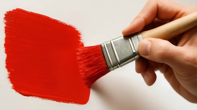 Hand painting a red stroke with a brush on a white canvas. Close-up of an artist applying vibrant color. Creativity and home renovation concept