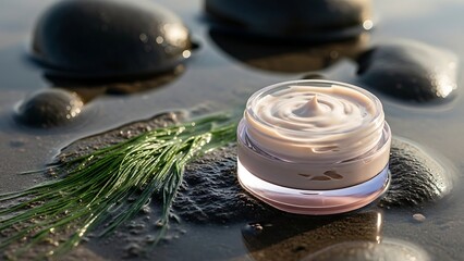 Luxury skincare cream jar with natural elements on wet dark stones and grass