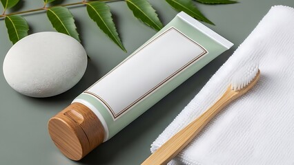 Natural toothpaste tube with bamboo toothbrush and smooth stone on a grey background
