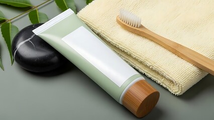 Natural toothpaste tube with bamboo toothbrush and smooth stone on a grey background