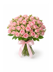 Obraz premium Pink rose bouquet with ribbon, isolated on white background.