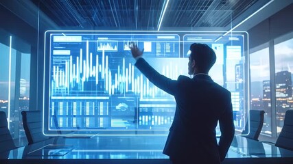Businessman Analyzing Futuristic Data in Modern Office. - Powered by Adobe