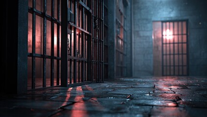 Dark, atmospheric prison cellblock with barred doors and ominous red light on the floor