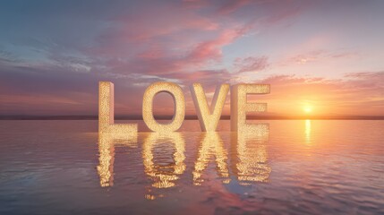 Elegant photo of Large Illuminated LOVE Letters Standing in Calm Water at Sunset with Mirror Reflection