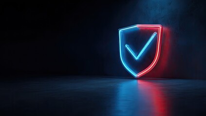 Neon glowing shield with a checkmark, half blue and half red, dark background