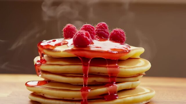 Raspberry Compote Pour Over Pancake Stack