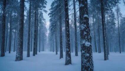 Snow-covered forest with tall trees and a path in winter.