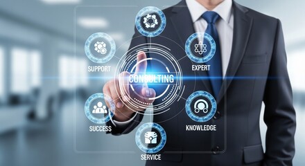 Businessman Using Digital Consulting Interface with Glowing Icons