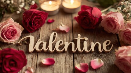 Elegant photo of Valentine wooden letters with red and pink roses, petals, and lit candles on a rustic wooden background, symbolizing love and romance.