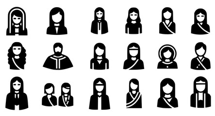 Collection of diverse black and white human icons in various styles and poses on transparent background for design and branding purposes