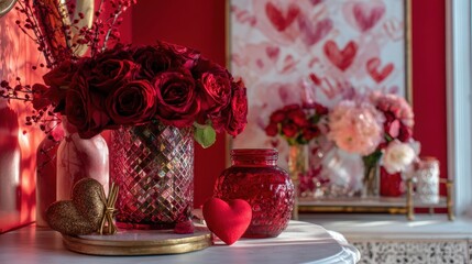 Elegant photo of Romantic Valentine's Day Interior Decoration with Red Roses, Heart Ornaments and Floral Art