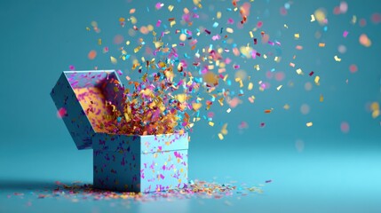 Elegant photo of Open light blue gift box with colorful confetti exploding on a teal background, surprise and celebration concept