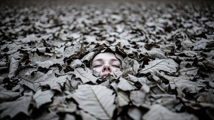Person Buried Under Autumn Leaves.