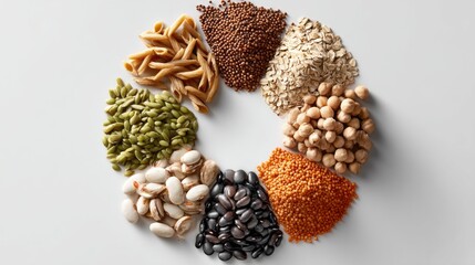 A colorful collection of healthy grains and legumes showcases nature&rsquo;s abundance. From green lentils to black beans, this circular arrangement promotes a balanced diet and vibrant living