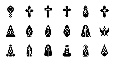 Set of religious symbols and icons including crosses and praying figures in black silhouette on transparent background for design and spirituality concepts