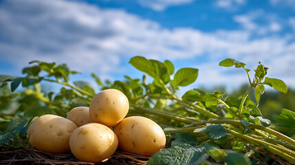 Fresh potatoes growing in the field with green leaves under blue sky. Organic farming, agriculture, harvest, and healthy food concept.
