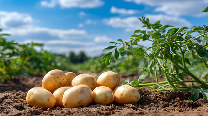 Freshly harvested potatoes lying on fertile soil in a field with green plants under a blue sky. Concept of agriculture, farming, and organic food.
