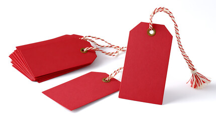 Set of blank red paper tags with strings for price or gift labeling, isolated on white background. Perfect for retail, sales, or branding presentations.
