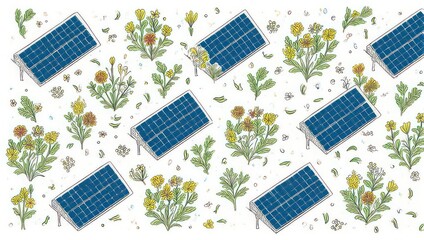 Solar Panels and Botanical Illustrations Pattern.