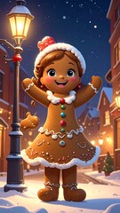 A gingerbread girl cheerfully stands on a snowy street beneath a glowing streetlight on a starry winter evening