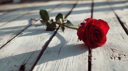 Elegant photo of Single red rose lying on a weathered white wooden surface with dramatic shadows