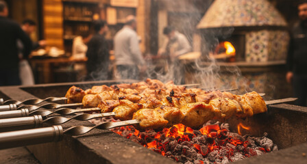 Skewers of meat grilling over hot charcoal in a traditional restaurant kitchen, capturing authentic street food preparation, smoky flavors, and lively culinary atmosphere.