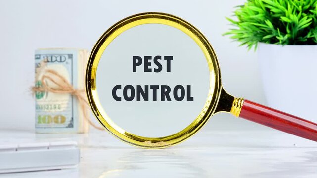 The conceptual text, the phrase PEST CONTROL appears through a magnifying glass on a gray background. The concept of a healthy lifestyle, the environment, and the development of harmful technologies