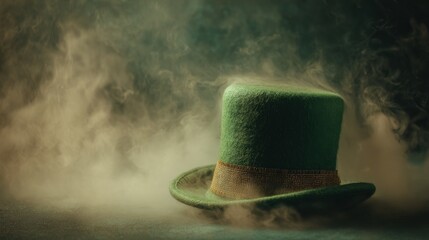 Elegant photo of Green leprechaun top hat for St. Patrick's Day surrounded by thick mystical smoke and fog